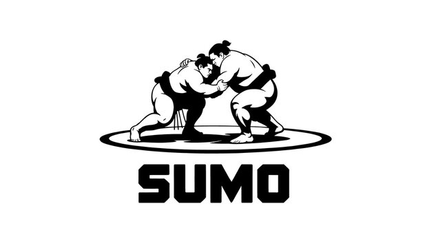 Sumo grapple banner with text lettering typography. A simple black and white sketch of a sumo wrestling martial art grappling silhouette  