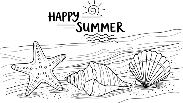 Happy summer beach scene with starfish, conch shell, and scallop shell