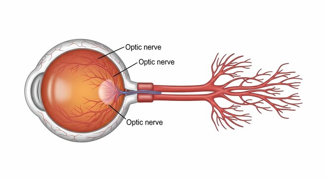 Explain the anatomical structure of the optic nerve in detail, and describe how visual information is transmitted and represented along the optic pathway highly detailed illustration