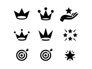 Obraz premium Black Icons Of Crowns, Targets, And Stars On White Background For Success And Achievement Concepts