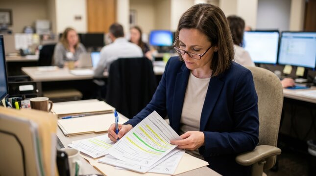 Specialist adjusting pain management utilization rules with highlighted prescription forms indistinct coworkers and screens in background