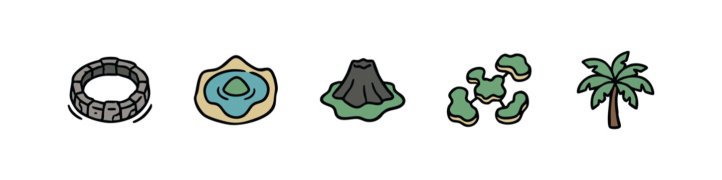 Natural Landscapes and Islands Icons - Hand-Drawn Rock Formation, Island, Volcano, Archipelago, and Palm Tree
