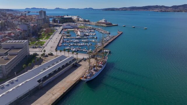 Aerial view of Vigo city center in Pontevedra, Galicia, Spain. Coastal city on the Ria de Vigo inlet, Capital Comarca.