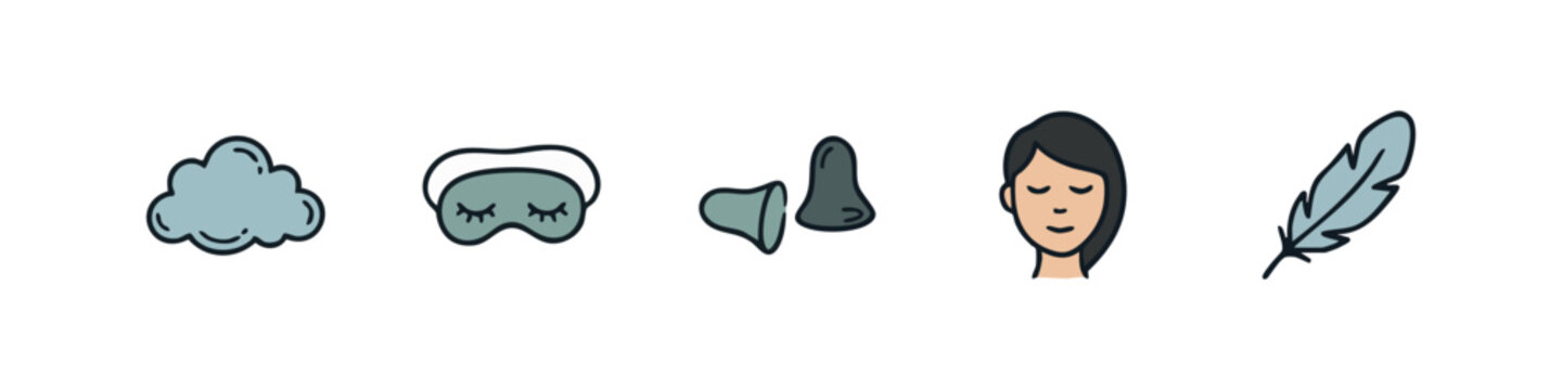 Sleep and relaxation icon set with cloud eye mask earplugs face and feather