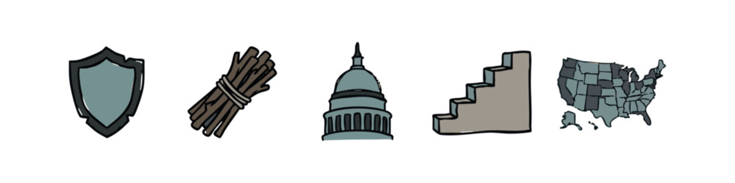 Government and security icons with shield bundle of sticks capitol building stairs and usa map