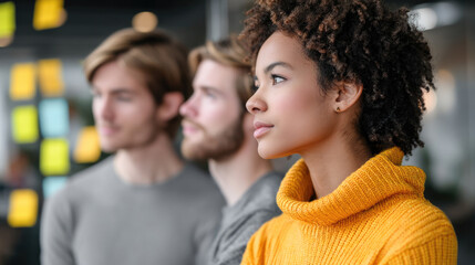 Fototapeta premium Focused young woman in yellow sweater stands with two men in modern office, teamwork and creativity concept
