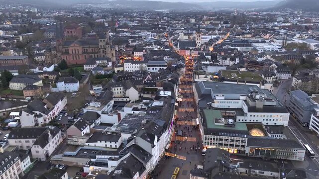 New Year in Trier, Germany. Trierer Weihnachtsmarkt, Aerial view of Hauptmarkt, Cathedral of Trier and Christmas market.