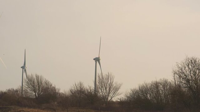 Wind turbines generating renewable energy above rural landscape with bare trees sustainable power concept