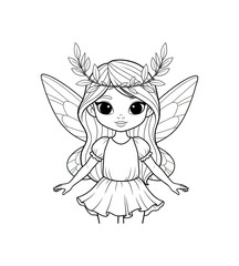 Fototapeta premium Cute cartoon fairy with wings and crown, line art