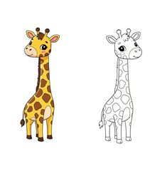 Obraz premium Cute cartoon giraffe with spots, line art and color