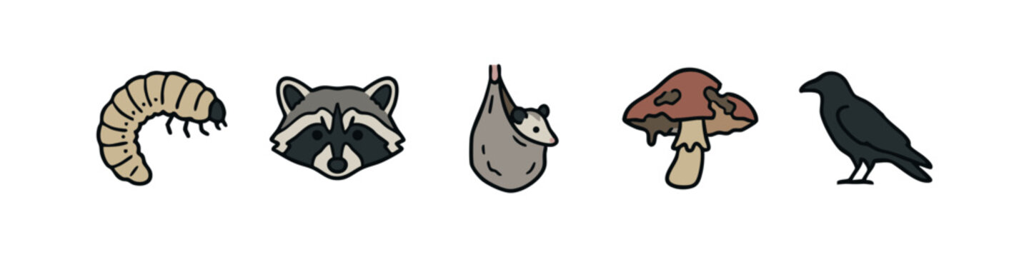 Set of doodle illustrations featuring various animals and nature elements.