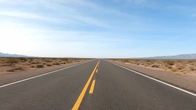 Point of view driving on a scenic desert highway in the usa. An endless straight road leads to mountains on the horizon during a summer road trip adventure