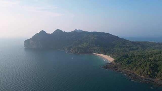 Koh Muk, Thailand: Aerial orbit drone of the Farang or Charlie beach in the famous Koh Muk in the Andaman sea in Trang province in southern Thailand. 