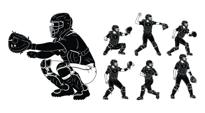 Black and white silhouette set of baseball catcher in various dynamic poses wearing protective gear and mitt