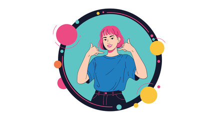 Fototapeta premium Trendy girl with pink hair making a call me gesture with her hands inside a decorative circular frame with colorful dots.