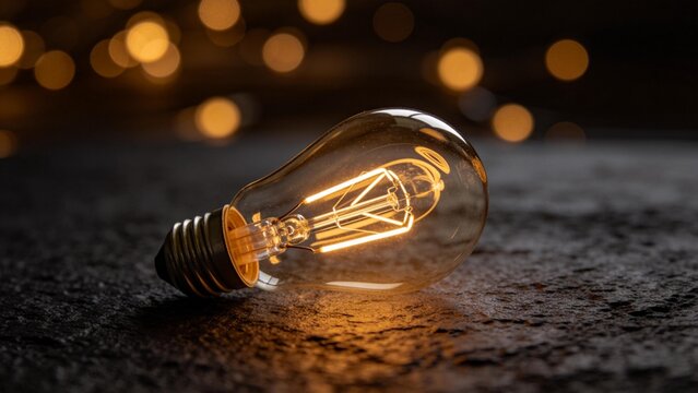 Lit incandescent light bulb on textured surface