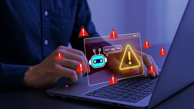 AI assistant detects system breach and security threats with alert interface, ideal for illustrating cyberattack warning, AI monitoring and automated incident response systems. Cybersecurity with AI.