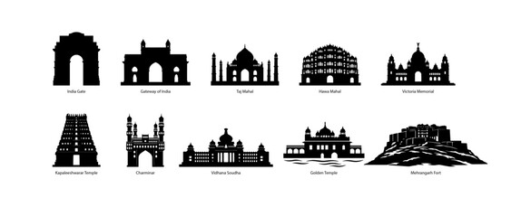 Naklejka premium Set of Black Indian Landmark and Monument Silhouette Icons Including Taj Mahal, India Gate, Gateway of India and Temple, Travel and Heritage Flat Vector Illustration