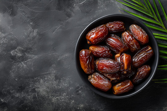 Medjool dates in black bowl on dark background
