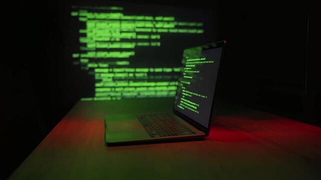 Lines of programming code run on screen of laptop standing on table in dark room, with green glowing hacker script projected in the background. Hacking, cyber attack and cybersecurity threat concept.