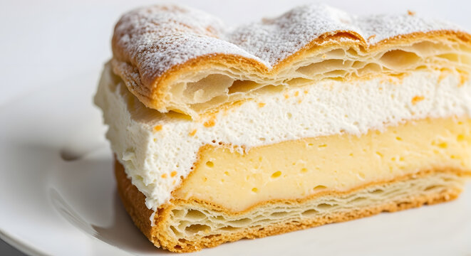 Bled cream cake or blejska kremsnita from Slovenia, served on a plate against white background