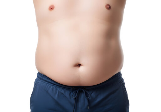 Overweight Man's Abdomen and Chest Close-up Against White Background