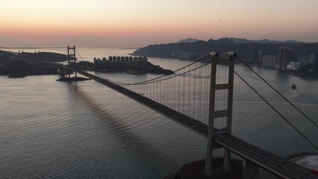 Aerial view of tsing ma bridge in hong kong at sunset