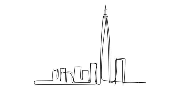 A minimalist single line drawing of the iconic new york city skyline featuring one tall tower.