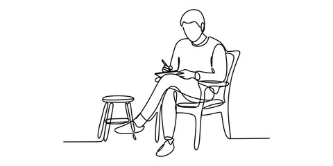 Fototapeta premium A single line drawing of a person sitting in a chair and writing on a small notepad with a pen Vector, illustration