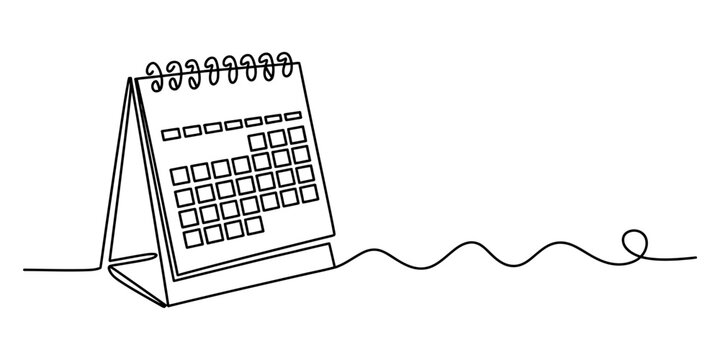 A single continuous line drawing of a desk calendar featuring a simple spiral binding design. Vector, illustration
