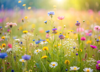 Fototapeta premium Wildflower meadow with soft pastel tones copy space on right