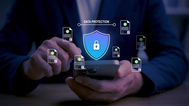 Mobile Cybersecurity and Data Protection Concept with Businessman Using Smartphone, Privacy Compliance, GDPR and Secure Information Management