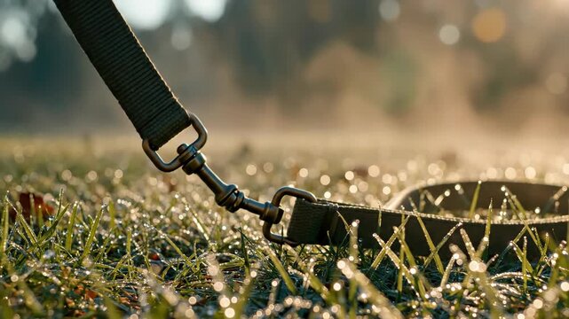 Dog leash on dewy grass in the morning light