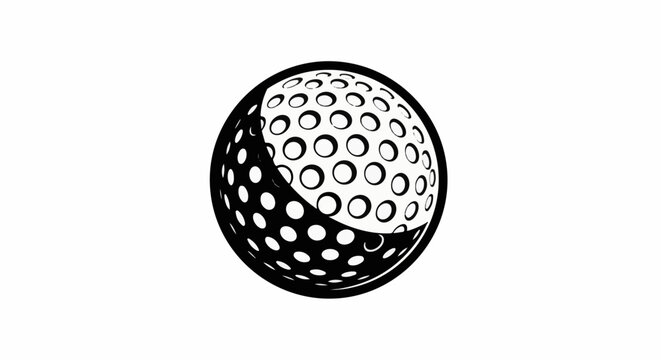 Stylized black and white graphic of a golf ball with dimples