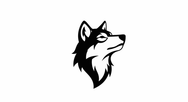 Stylized black and white wolf head, looking upwards and to the right