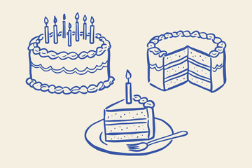 Fototapeta na wymiar Birthday cakes and slice naive doodle vector illustration