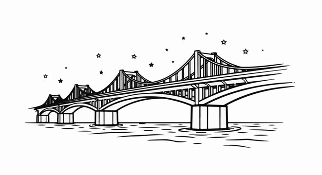 Sketch of a suspension bridge spanning over water with stars above