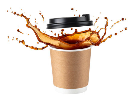 Coffee to go cup with liquid splash isolated on white background, disposable paper mug with flying brown caffeine drops cutout for cafe and energy compositing