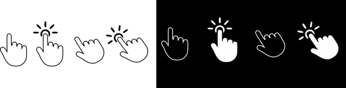 Hand cursor icon. Hand click icon set. Pointer sign icon and symbol. Vector illustration in black line