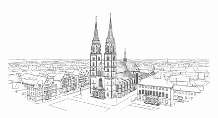 Fototapeta premium Sketch of an old European city center dominated by a Gothic cathedral