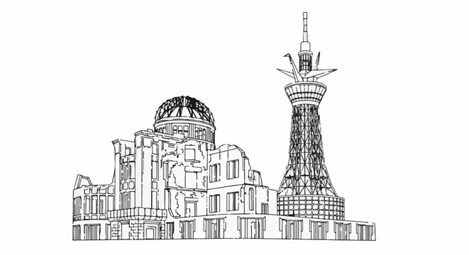 Sketch of bombed building beside modern tower