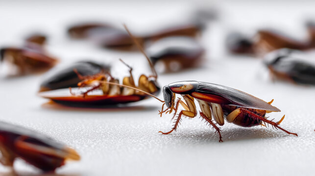 Side view of dead cockroaches on white surface, detailed insect bodies, pest control concept, close up, selective focus