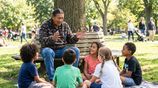 Elder storyteller sitting on park bench sharing animated story with smiling diverse children gathered on grass, warm sunlight and leafy trees creating joyful outdoor scene