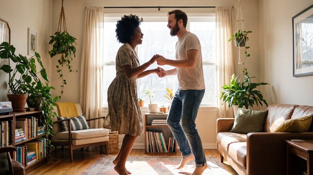 Couple dancing barefoot in sunlit living room surrounded by plants and cozy furniture, joyful intimate moment sharing laughter and movement