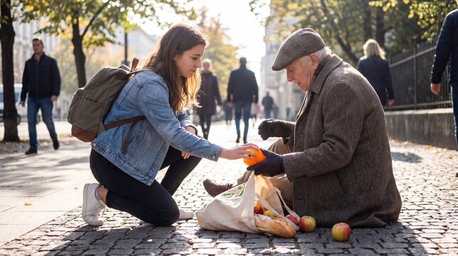 Young woman giving orange to elderly man sitting on sidewalk bag of groceries beside them compassionate street kindness autumn city