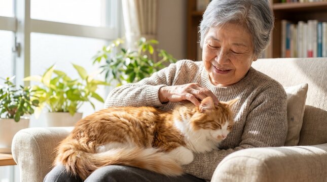 Elderly woman smiling while petting sleeping ginger cat on her lap in sunlit living room with houseplants and bookshelves, warm peaceful domestic moment
