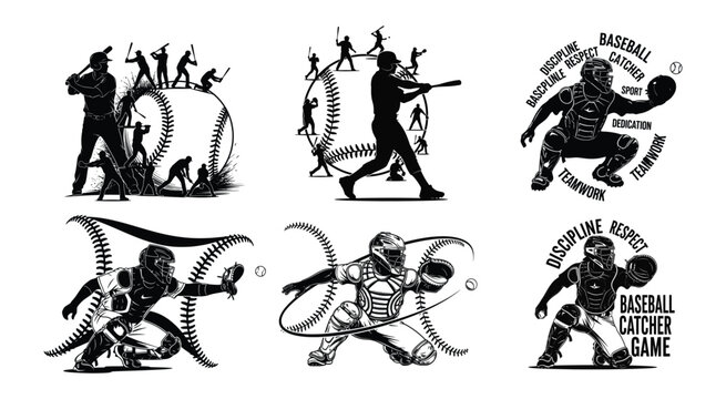 Set of black and white baseball catcher silhouettes and player icons with sports typography in a vector graphic style