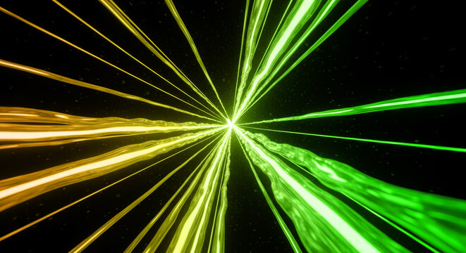 高速通信とデジタルデータの流れを表現した光の軌跡 緑と金の抽象的背景素材