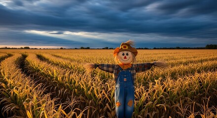 Fototapeta premium Cheerful scarecrow standing in a golden cornfield with dramatic sky perfect for autumn harvest season