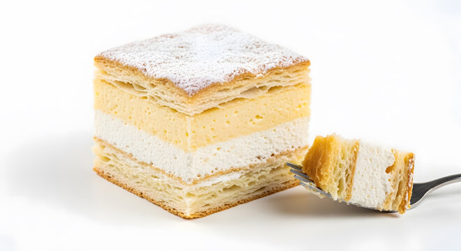 Blejska kremsnita or Slovenian bled cream cake slice, with a fork shown laying on white solid background